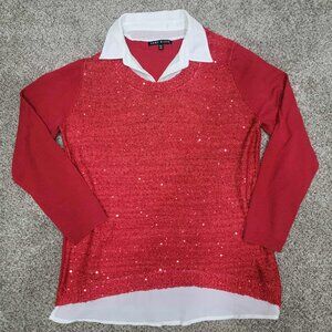 Vintage Y2K Como Black Preppy Collar Red Sequin Long Sleeve Blouse Womens Small